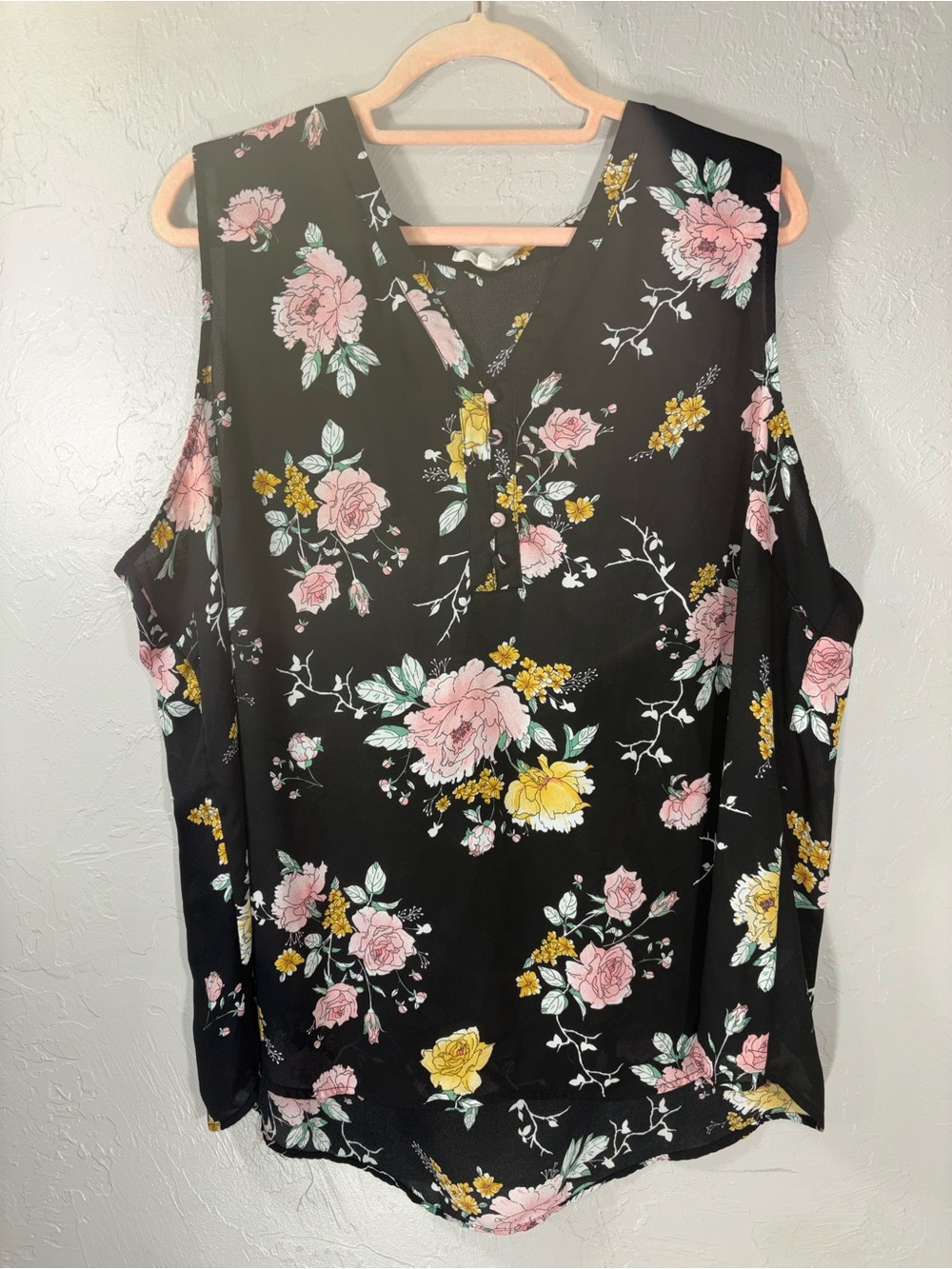 Maurices Black Floral V-Neck Sleeveless Blouse with Pink & Yellow Flowers - Picture 9 of 12